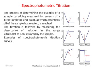 08/27/2024 Unit Number: 1, Lecture Number: 1-8 92
The process of determining the quantity of a
sample by adding measured increments of a
titrant until the end-point, at which essentially
all of the sample has reacted, is reached.
The titration is followed by measuring the
absorbance of radiation in the range
ultraviolet to near-infrared by the sample.
Examples of spectrophotometric titration
curves:
Spectrophotometric Titration
 