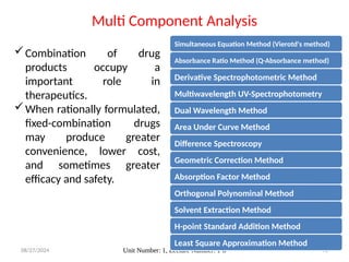 08/27/2024 Unit Number: 1, Lecture Number: 1-8 96
Combination of drug
products occupy a
important role in
therapeutics.
When rationally formulated,
fixed-combination drugs
may produce greater
convenience, lower cost,
and sometimes greater
efficacy and safety.
Multi Component Analysis
Simultaneous Equation Method (Vierotd's method)
Absorbance Ratio Method (Q-Absorbance method)
Derivative Spectrophotometric Method
Multiwavelength UV-Spectrophotometry
Dual Wavelength Method
Area Under Curve Method
Difference Spectroscopy
Geometric Correction Method
Absorption Factor Method
Orthogonal Polynominal Method
Solvent Extraction Method
H-point Standard Addition Method
Least Square Approximation Method
 