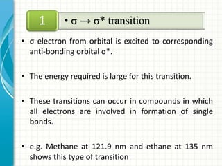 • σ electron from orbital is excited to corresponding
anti-bonding orbital σ*.
• The energy required is large for this transition.
• These transitions can occur in compounds in which
all electrons are involved in formation of single
bonds.
• e.g. Methane at 121.9 nm and ethane at 135 nm
shows this type of transition
• σ → σ* transition1
 