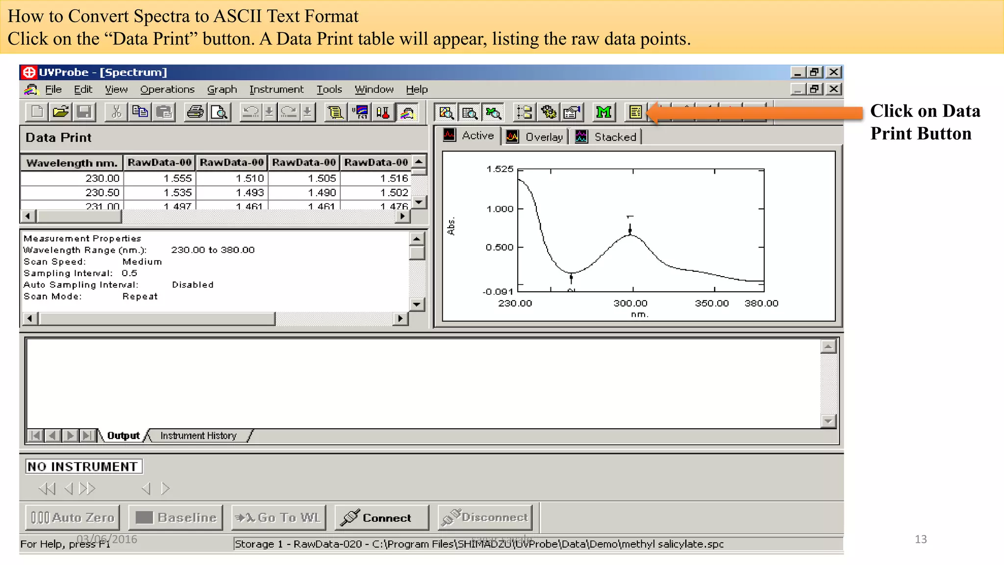 How to Convert Spectra to ASCII Text Format
Click on the “Data Print” button. A Data Print table will appear, listing the raw data points.
Click on Data
Print Button
03/06/2016 sagar savale 13
 