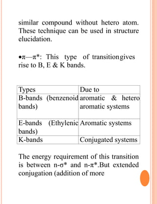 similar compound without hetero atom.
These technique can be used in structure
elucidation.
π—π*: This type of transitiongives
rise to B, E & K bands.
Types Due to
B-bands (benzenoid
bands)
aromatic & hetero
aromatic systems
E-bands (Ethylenic
bands)
Aromatic systems
K-bands Conjugated systems
The energy requirement of this transition
is between n-σ* and n-π*.But extended
conjugation (addition of more
 