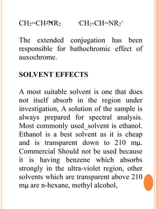 CH2=CH-NR2
-CH2-CH=NR2
+
The extended conjugation has been
responsible for bathochromic effect of
auxochrome.
SOLVENT EFFECTS
A most suitable solvent is one that does
not itself absorb in the region under
investigation, A solution of the sample is
always prepared for spectral analysis.
Most commonly used_solvent is ethanol.
Ethanol is a best solvent as it is cheap
and is transparent down to 210 mμ.
Commercial Should not be used because
it is having benzene which absorbs
strongly in the ultra-violet region, other
solvents which are transparent above 210
mμ are n-hexane, methyl alcohol,
 