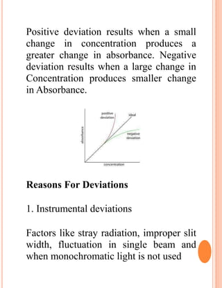 Positive deviation results when a small
change in concentration produces a
greater change in absorbance. Negative
deviation results when a large change in
Concentration produces smaller change
in Absorbance.
Reasons For Deviations
1. Instrumental deviations
Factors like stray radiation, improper slit
width, fluctuation in single beam and
when monochromatic light is not used
 