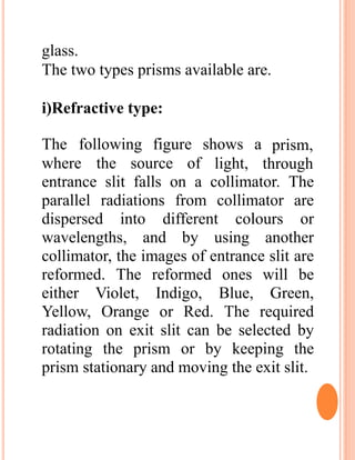 glass.
The two types prisms available are.
i)Refractive type:
where the source of
The following figure shows a
light,
prism,
through
entrance slit falls on a collimator. The
parallel radiations from collimator are
dispersed into different colours or
wavelengths, and by using another
collimator, the images of entrance slit are
reformed. The reformed ones will be
either Violet, Indigo, Blue, Green,
Yellow, Orange or Red. The required
radiation on exit slit can be selected by
rotating the prism or by keeping the
prism stationary and moving the exit slit.
 