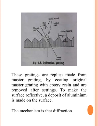 These gratings are replica made from
master grating, by coating original
master grating with epoxy resin and are
removed after settings. To make the
surface reflective, a deposit of aluminium
is made on the surface.
The mechanism is that diffraction
 