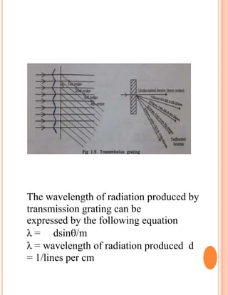 The wavelength of radiation produced by
transmission grating can be
expressed by the following equation
λ = dsin/m
λ = wavelength of radiation produced d
= 1/lines per cm
 