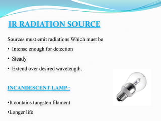 IR RADIATION SOURCE
Sources must emit radiations Which must be
• Intense enough for detection
• Steady

• Extend over desired wavelength.

INCANDESCENT LAMP :
•It contains tungsten filament
•Longer life

 