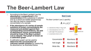 The Beer-Lambert Law
 According to the Beer-Lambert Law the
absorbance is proportional to the
concentration of the substance in solution
and as a result UV-visible spectroscopy
can also be used to measure the
concentration of a sample.
 If the absorbance of a series of sample
solutions of known concentrations are
measured and plotted against their
corresponding concentrations, the plot
of absorbance versus concentration
should be linear if the Beer-Lambert
Law is obeyed. This graph is known as
a calibration graph.
 A calibration graph can be used to
determine the concentration of
unknown sample solution by measuring
its absorbance, as illustrated below.
 