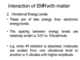 Interaction of EMRwith matter
2. Vibrational EnergyLevels:
• These are of less energy than electronic
energy levels.
• The spacing between energy levels are
relatively small i.e. 0.01 to 10kcal/mole.
• e.g. when IR radiation is absorbed, molecules
are excited from one vibrational level to
another or it vibrates with higher amplitude.
 