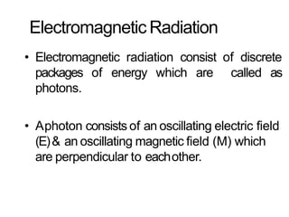 Electromagnetic Radiation
• Electromagnetic radiation consist of discrete
packages of energy which are called as
photons.
• Aphoton consists of an oscillating electric field
(E)& an oscillating magnetic field (M) which
are perpendicular to eachother.
 