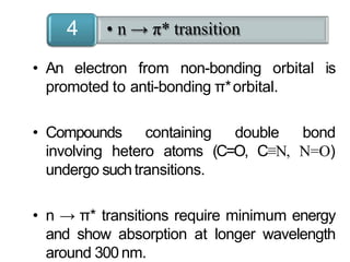 • An electron from non-bonding orbital is
promoted to anti-bonding π*orbital.
• Compounds containing double bond
involving hetero atoms (C=O, C≡N, N=O)
undergo suchtransitions.
• n → π* transitions require minimum energy
and show absorption at longer wavelength
around 300 nm.
• n → π* transition4
 