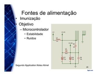 Fontes de alimentação
• Imunização
• Objetivo
– Microcontrolador
• Estabilidade
• Ruídos
L2
BEAD
+3.3V
C5
100n
C6
100n
12
C7
1OuF
12
C8
10uF
+3V3_DIG
+3V3_ANA
L3
10uH
Segundo Application Notes Atmel
29
 