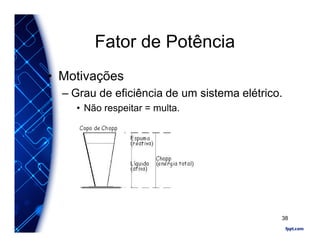 Fator de Potência
• Motivações
– Grau de eficiência de um sistema elétrico.
• Não respeitar = multa.
38
 