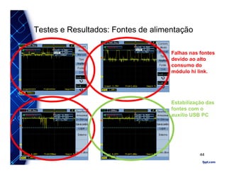 Testes e Resultados: Fontes de alimentação
Falhas nas fontes
devido ao alto
consumo do
módulo hi link.
Estabilização das
fontes com o
auxílio USB PC
44
 