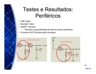 Testes e Resultados:
Periféricos
• USB: Falha
• MicroSD: Falha
• USART: Sucesso
– Resultou na possibilidade de teste de outros periféricos.
• Conversor A/D: Sucesso após correções.
46
 