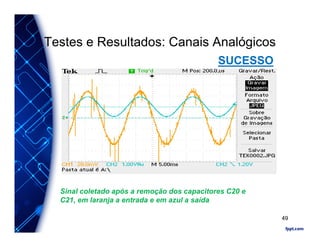 Testes e Resultados: Canais Analógicos
Sinal coletado após a remoção dos capacitores C20 e
C21, em laranja a entrada e em azul a saída
SUCESSO
49
 