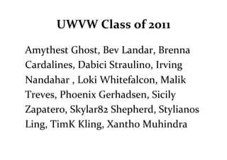 UWVW	
  Class	
  of	
  2011	
  

Amythest	
  Ghost,	
  Bev	
  Landar,	
  Brenna	
  
Cardalines,	
  Dabici	
  Straulino,	
  Irving	
  
Nandahar	
  ,	
  Loki	
  Whitefalcon,	
  Malik	
  
Treves,	
  Phoenix	
  Gerhadsen,	
  Sicily	
  
Zapatero,	
  Skylar82	
  Shepherd,	
  Stylianos	
  
Ling,	
  TimK	
  Kling,	
  Xantho	
  Muhindra	
  
 