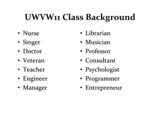 UWVW11	
  Class	
  Background	
  
•  Nurse	
         •  Librarian	
  
•  Singer	
        •  Musician	
  
•  Doctor	
        •  Professor	
  
•  Veteran	
       •  Consultant	
  
•  Teacher	
       •  Psychologist	
  
•  Engineer	
      •  Programmer	
  
•  Manager	
       •  Entrepreneur	
  
 