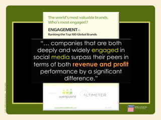 “… companies that are both
 deeply and widely engaged in
social media surpass their peers in
terms of both revenue and profit
   performance by a significant
           difference.”
 