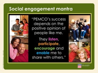 Social engagement mantra

        “PEMCO’s success
         depends on the
        positive opinion of
         people like me.
               They listen,
               participate,
        • Integrity
        • Responsibility
           encourage and
        • Courage
             enable me to
        share with others.”
 