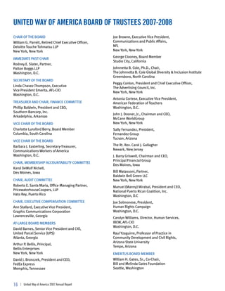 united way of america board of trustees 2007-2008
CHAIR OF THE BOARD                                     Joe Browne, Executive Vice President,
William G. Parrett, Retired Chief Executive Officer,   Communications and Public Affairs,
Deloitte Touche Tohmatsu LLP                           NFL
New York, New York                                     New York, New York
                                                       George Clooney, Board Member
IMMEDIATE PAST CHAIR
                                                       Studio City, California
Rodney E. Slater, Partner,
Patton Boggs LLP                                       Johnnetta B. Cole, Ph.D., Chair,
Washington, D.C.                                       The Johnnetta B. Cole Global Diversity  Inclusion Institute
                                                       Greensboro, North Carolina
SECRETARY OF THE BOARD
                                                       Peggy Conlon, President and Chief Executive Officer,
Linda Chavez-Thompson, Executive                       The Advertising Council, Inc.
Vice President Emerita, AFL-CIO                        New York, New York
Washington, D.C.
                                                       Antonia Cortese, Executive Vice President,
TREASURER AND CHAIR, FINANCE COMMITTEE                 American Federation of Teachers
Phillip Baldwin, President and CEO,                    Washington, D.C.
Southern Bancorp, Inc.
                                                       John J. Dooner, Jr., Chairman and CEO,
Arkadelphia, Arkansas
                                                       McCann WorldGroup
VICE CHAIR OF THE BOARD                                New York, New York
Charlotte Lunsford Berry, Board Member                 Sally Fernandez, President,
Columbia, South Carolina                               Fernandez Group
                                                       Tucson, Arizona
VICE CHAIR OF THE BOARD
Barbara J. Easterling, Secretary-Treasurer,            The Rt. Rev. Carol J. Gallagher
Communications Workers of America                      Newark, New Jersey
Washington, D.C.                                       J. Barry Griswell, Chairman and CEO,
                                                       Principal Financial Group
CHAIR, MEMBERSHIP ACCOUNTABILITY COMMITTEE
                                                       Des Moines, Iowa
Karol DeWulf Nickell,
Des Moines, Iowa                                       Bill Matassoni, Partner,
                                                       Baldwin Bell Green LLC
CHAIR, AUDIT COMMITTEE                                 New York, New York
Roberto E. Santa Maria, Office Managing Partner,       Manuel (Manny) Mirabal, President and CEO,
PricewaterhouseCoopers, LLP                            National Puerto Rican Coalition, Inc.
Hato Rey, Puerto Rico                                  Washington, D.C
CHAIR, EXECUTIVE COMPENSATION COMMITTEE                Joe Solmonese, President,
Ann Stallard, Executive Vice President,                Human Rights Campaign
Graphic Communications Corporation                     Washington, D.C.
Lawrenceville, Georgia                                 Carolyn Williams, Director, Human Services,
AT-LARGE BOARD MEMBERS                                 IBEW, AFL-CIO
                                                       Washington, D.C.
David Barnes, Senior Vice President and CIO,
United Parcel Service (UPS)                            Raul Yzaguirre, Professor of Practice in
Atlanta, Georgia                                       Community Development and Civil Rights,
                                                       Arizona State University
Arthur P. Bellis, Principal,
                                                       Tempe, Arizona
Bellis Enterprises
New York, New York                                     EMERITUS BOARD MEMBER
David J. Bronczek, President and CEO,                  William H. Gates, Sr., Co-Chair,
FedEx Express                                          Bill and Melinda Gates Foundation
Memphis, Tennessee                                     Seattle, Washington



16   | United Way of America 2007 Annual Report
 