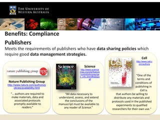 Benefits: Compliance
Publishers
Meets the requirements of publishers who have data sharing policies which
require good data management strategies.
                                                                                                         Cell
                                                                                                   http://www.cell.c
                                                                                                      om/authors
                                                       Science
                                                    http://www.science
                                                   mag.org/site/feature
                                                   /contribinfo/prep/ge
                                                   n_info.xhtml#dataav
                                                                                              “One of the
                                                             ail                               terms and
 Nature Publishing Group                                                                     conditions of
 http://www.nature.com/authors/p
       olicies/availability.html                                                             publishing in
                                                                                                 Cell is
   “... authors are required to        “All data necessary to                that authors be willing to
    make materials, data and       understand, assess, and extend           distribute any materials and
        associated protocols           the conclusions of the             protocols used in the published
       promptly available to       manuscript must be available to            experiments to qualified
             readers.”                any reader of Science.”             researchers for their own use."

                                                                                The University of Western Australia
 