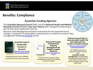 Benefits: Compliance
                               Australian Funding Agencies
The Australian Research Council (ARC) and ...