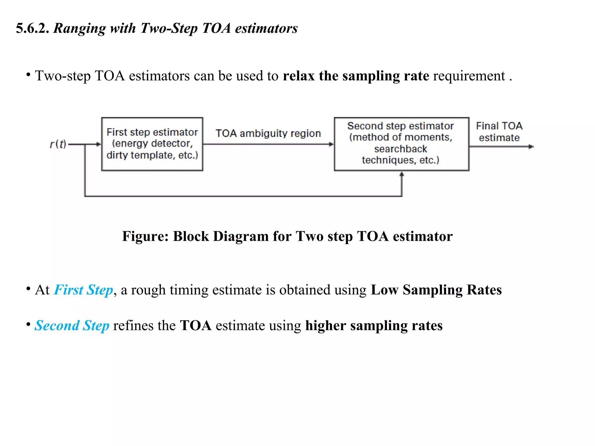 5.6.2. Ranging with Two-Step TOA estimators
• Two-step TOA estimators can be used to relax the sampling rate requirement .
• At First Step, a rough timing estimate is obtained using Low Sampling Rates
• Second Step refines the TOA estimate using higher sampling rates
Figure: Block Diagram for Two step TOA estimator
 