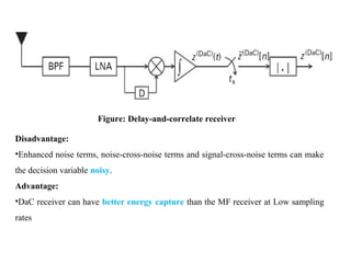 Disadvantage:
•Enhanced noise terms, noise-cross-noise terms and signal-cross-noise terms can make
the decision variable noisy.
Advantage:
•DaC receiver can have better energy capture than the MF receiver at Low sampling
rates
Figure: Delay-and-correlate receiver
 