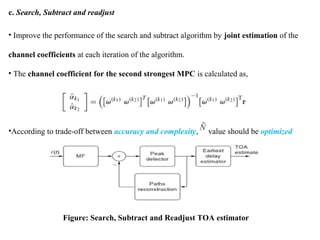 c. Search, Subtract and readjust
• Improve the performance of the search and subtract algorithm by joint estimation of the
channel coefficients at each iteration of the algorithm.
• The channel coefficient for the second strongest MPC is calculated as,
•According to trade-off between accuracy and complexity, value should be optimized
Figure: Search, Subtract and Readjust TOA estimator
 