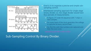 Sub-Sampling Control By Binary Divider.
 Goal is in to organize a precise and simple sub-
sampling control.
 Interleaved sampling approach for single stage
binary divider; so, two stage divider would have
four periods of measurements.
 In figure, 3rd order M-sequence with 7 chips or
data samples.
 For every beat of the clock generator the voltage
is captured at every second beat.
 So, first the odd chip numbers are captured and
then the even ones.
Wanted results: IRF or FRF of DUT.
 
