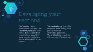 Developing your
sections
The "so what": sync
expectations. Do they care?
The literature review: sync
frame; demonstrate that
you're talking about the
same people -- including
people who publish in the
journal.
The methodology: crucial for
empirical work: justify what
you've done via
methodological cites.
The implications: match to
the concerns of the journal.
 
