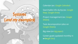 Systems
(and my examples)
Calendar (ex: Google Calendar)
Searchable info dump (ex: Google
Keep, Google Drive)
Project management (ex: Google
Sheets)
Task decomposition (also on
Google Sheets)
Big view (on big paper)
Career goals (updated monthly in
a Google Doc)
 