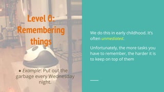Level 0:
Remembering
things
● Example: Put out the
garbage every Wednesday
night.
We do this in early childhood. It’s
often unmediated.
Unfortunately, the more tasks you
have to remember, the harder it is
to keep on top of them
 