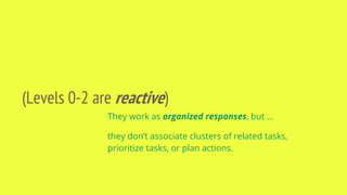 (Levels 0-2 are reactive)
They work as organized responses, but …
they don’t associate clusters of related tasks,
prioritize tasks, or plan actions.
 