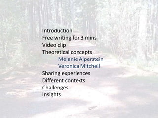 Introduction
Free writing for 3 mins
Video clip
Theoretical concepts
Melanie Alperstein
Veronica Mitchell
Sharing experiences
Different contexts
Challenges
Insights
 