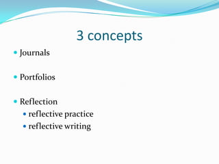 3 concepts
 Journals
 Portfolios
 Reflection
 reflective practice
 reflective writing
 
