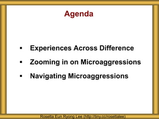 Agenda
 Experiences Across Difference
 Zooming in on Microaggressions
 Navigating Microaggressions
Rosetta Eun Ryong Lee (http://tiny.cc/rosettalee)
 