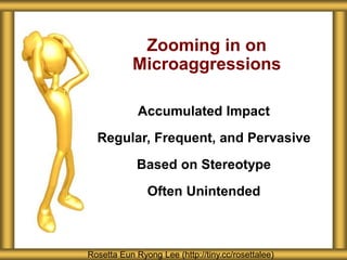 Zooming in on
Microaggressions
Rosetta Eun Ryong Lee (http://tiny.cc/rosettalee)
Accumulated Impact
Regular, Frequent, and Pervasive
Based on Stereotype
Often Unintended
 