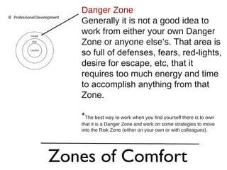 Zones of Comfort Danger Zone Generally it is not a good idea to work from either your own Danger Zone or anyone else’s.  That area is so full of defenses, fears, red-lights, desire for escape, etc, that it requires too much energy and time to accomplish anything from that Zone.  * The best way to work when you find yourself there is to own that it is a Danger Zone and work on some strategies to move into the Risk Zone (either on your own or with colleagues). 