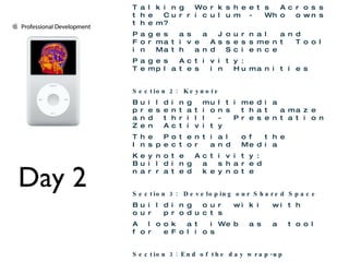 Day 2 Day 2:  Technology Integration Showcase Continues Section 1:  The Power of Pages Talking Worksheets Across the Curriculum - Who owns them? Pages as a Journal and Formative Assessment Tool in Math and Science Pages Activity:  Templates in Humanities Section 2:  Keynote Building multimedia presentations that amaze and thrill - Presentation Zen Activity The Potential of the Inspector and Media Keynote Activity: Building a shared narrated keynote Section 3:  Developing our Shared Space  Building our wiki with our products A look at iWeb as a tool for eFolios Section 3: End of the day wrap-up Putting it all together with the continuation of your Professional Development Plan 