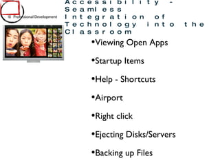 Viewing Open Apps Startup Items Help - Shortcuts Airport Right click Ejecting Disks/Servers Backing up Files Mac OSX and Accessibility - Seamless Integration of Technology into the Classroom 