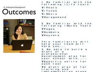 Outcomes After this three day workshop you will.... 1. Be familiar with the following iLife tools iPhoto iTunes iMovie Garageband 2. Be familiar with the following iWorks Tools Pages Numbers Keynote This familiarity will help your team will help you... 3. Be able to build a draft of a professional development plan for your school with.... Specific skills for each tool A draft plan of for training and implementation steps 