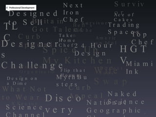 HGTV Design on a Dime Designer’s Challenge 24 Hour Design Spice Up My Kitchen Designed to Sell Mission Organization Curb Appeal American Idol TLC Top Chef What Not to Wear Take Home Chef Discovery Britain’s Got Talent Flip that House Trading Spaces Dirtiest Jobs MythBusters Science Channel X Factor National Geographic Channel Naked Science Curb Appeal Wife Swap Miami Ink Next Iron Chef Survivor Hell’s Kitchen Ace of Cakes Survivor 