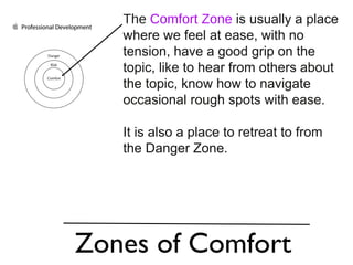 Zones of Comfort The  Comfort Zone   is usually a place where we feel at ease, with no tension, have a good grip on the topic, like to hear from others about the topic, know how to navigate occasional rough spots with ease.  It is also a place to retreat to from the Danger Zone.  