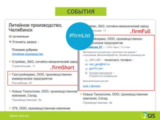 СОБЫТИЯ


                                 .firmFull
                     #firmList




              .firmShort




WWW.2GIS.RU
 