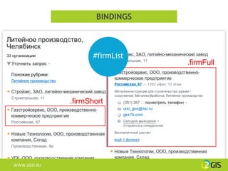 BINDINGS



                     #firmList
                                 .firmFull




              .firmShort




WWW.2GIS.RU
 