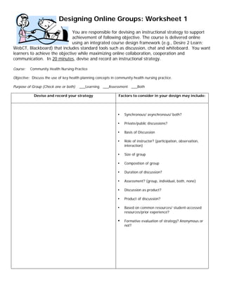 Designing Online Groups: Worksheet 1
                               You are responsible for devising an instructional strategy to support
                               achievement of following objective. The course is delivered online
                               using an integrated course design framework (e.g., Desire 2 Learn;
WebCT, Blackboard) that includes standard tools such as discussion, chat and whiteboard. You want
learners to achieve the objective while maximizing online collaboration, cooperation and
communication. In 20 minutes, devise and record an instructional strategy.

Course:   Community Health Nursing Practice

Objective: Discuss the use of key health planning concepts in community health nursing practice.

Purpose of Group (Check one or both)    ___Learning ___Assessment ___Both

            Devise and record your strategy                    Factors to consider in your design may include:




                                     