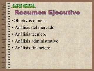 •Objetivos o meta.
• Análisis del mercado.
• Análisis técnico.
• Análisis administrativo.
• Análisis financiero.
 