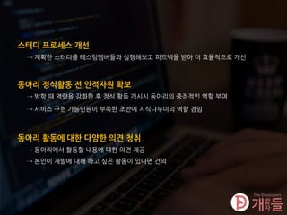 스터디 프로세스 개선
→ 계획한 스터디를 테스팅멤버들과 실행해보고 피드백을 받아 더 효율적으로 개선
동아리 정식활동 전 인적자원 확보
→ 방학 때 역량을 강화한 후 정식 활동 개시시 동아리의 중점적인 역할 부여
동아리 활동에 대한 다양한 의견 청취
→ 동아리에서 활동할 내용에 대한 의견 제공
→ 서비스 구현 가능인원이 부족한 초반에 지식나누미의 역할 겸임
→ 본인이 개발에 대해 하고 싶은 활동이 있다면 건의
 
